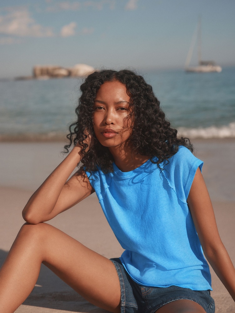 Azul - Washed Open Seam Detailing Raglan Short Sleeve Crew Neck T-Shirt - Imagen 1 de 7 Azul - Washed Open Seam Detailing Raglan Short Sleeve Crew Neck T-Shirt - Imagen 1 de 7