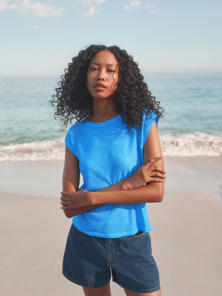 Azul - Washed Open Seam Detailing Raglan Short Sleeve Crew Neck T-Shirt - Imagen 2 de 7 Azul - Washed Open Seam Detailing Raglan Short Sleeve Crew Neck T-Shirt - Imagen 2 de 7