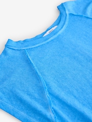 Blue - Washed Open Seam Detailing Raglan Short Sleeve Crew Neck T-Shirt - Image 3 of 3