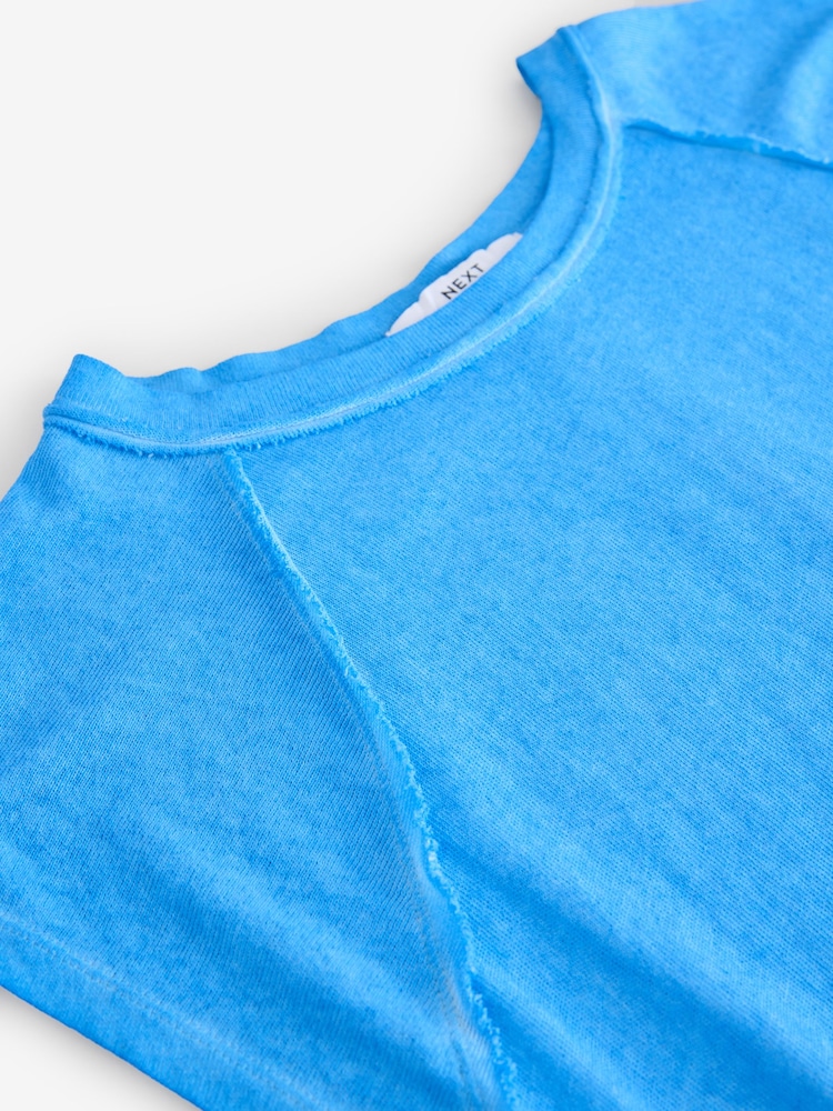 Blue - Washed Open Seam Detailing Raglan Short Sleeve Crew Neck T-Shirt - Image 3 of 3