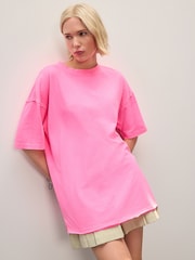 Fluro Pink Relaxed Fit Short Sleeve Seam Detail Skater Style 100% Cotton T-Shirt - Image 1 of 5