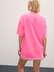 Fluro Pink Relaxed Fit Short Sleeve Seam Detail Skater Style 100% Cotton T-Shirt - Image 3 of 5