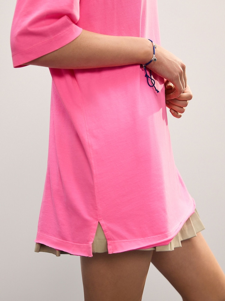 Fluro Pink Relaxed Fit Short Sleeve Seam Detail Skater Style 100% Cotton T-Shirt - Image 5 of 5