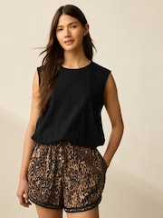 Black Slub Bubble Hem Sleeveless Tank Top - Image 1 of 7