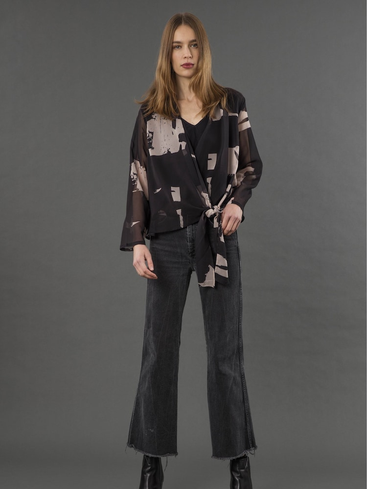 Religion Black Infinity Wrap Top With Tie Front In Hand Painted Prints - Image 1 of 7 Religion Black Infinity Wrap Top With Tie Front In Hand Painted Prints - Image 1 of 7