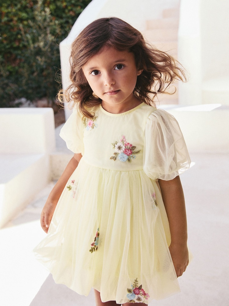 Lemon Yellow Bubble Hem Embroidered Mesh Dress (3mths-8yrs) - Image 1 of 8