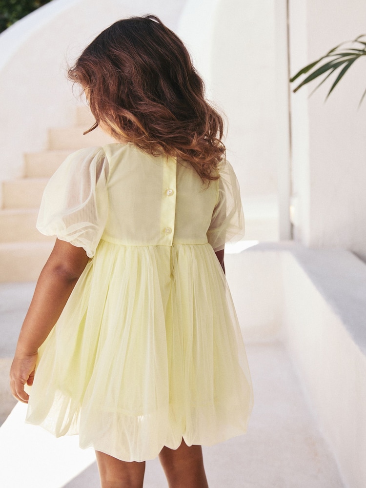 Lemon Yellow Bubble Hem Embroidered Mesh Dress (3mths-8yrs) - Image 2 of 8