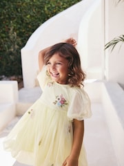 Lemon Yellow Bubble Hem Embroidered Mesh Dress (3mths-8yrs) - Image 3 of 8