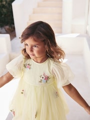 Lemon Yellow Bubble Hem Embroidered Mesh Dress (3mths-8yrs) - Image 4 of 8