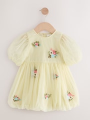 Lemon Yellow Bubble Hem Embroidered Mesh Dress (3mths-8yrs) - Image 5 of 8