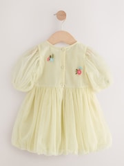 Lemon Yellow Bubble Hem Embroidered Mesh Dress (3mths-8yrs) - Image 6 of 8