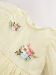 Lemon Yellow Bubble Hem Embroidered Mesh Dress (3mths-8yrs) - Image 8 of 8