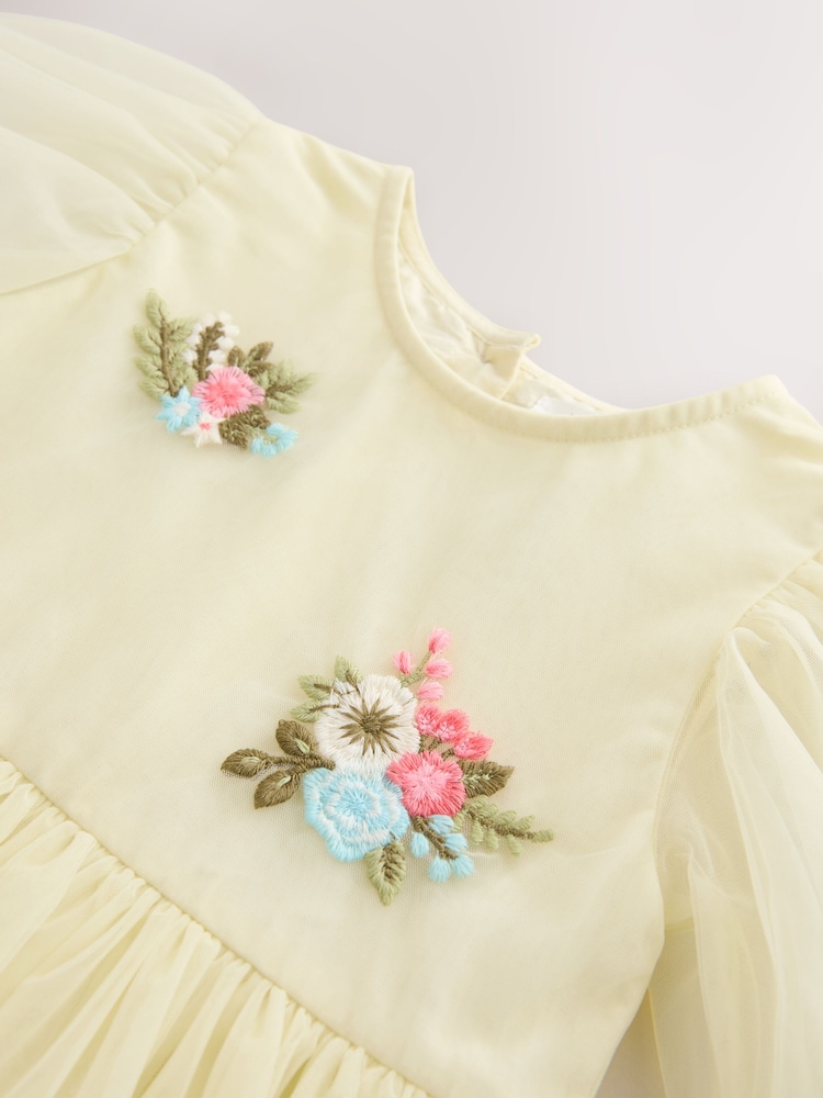 Lemon Yellow Bubble Hem Embroidered Mesh Dress (3mths-8yrs) - Image 8 of 8