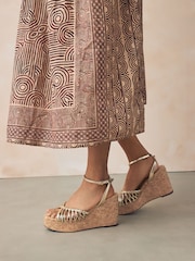 Gold Forever Comfort® Round Toe Weave Detail High Cork Wedges - Image 1 of 10