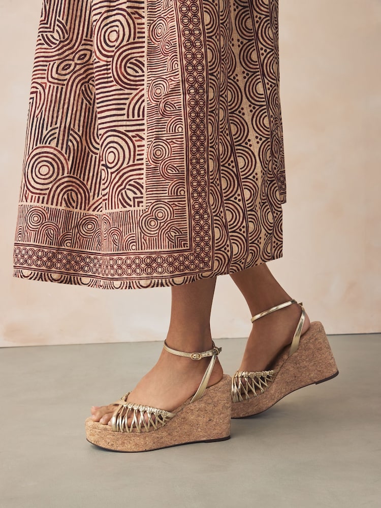 Gold Forever Comfort® Round Toe Weave Detail High Cork Wedges - Image 1 of 10