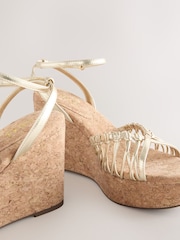 Gold Forever Comfort® Round Toe Weave Detail High Cork Wedges - Image 10 of 10