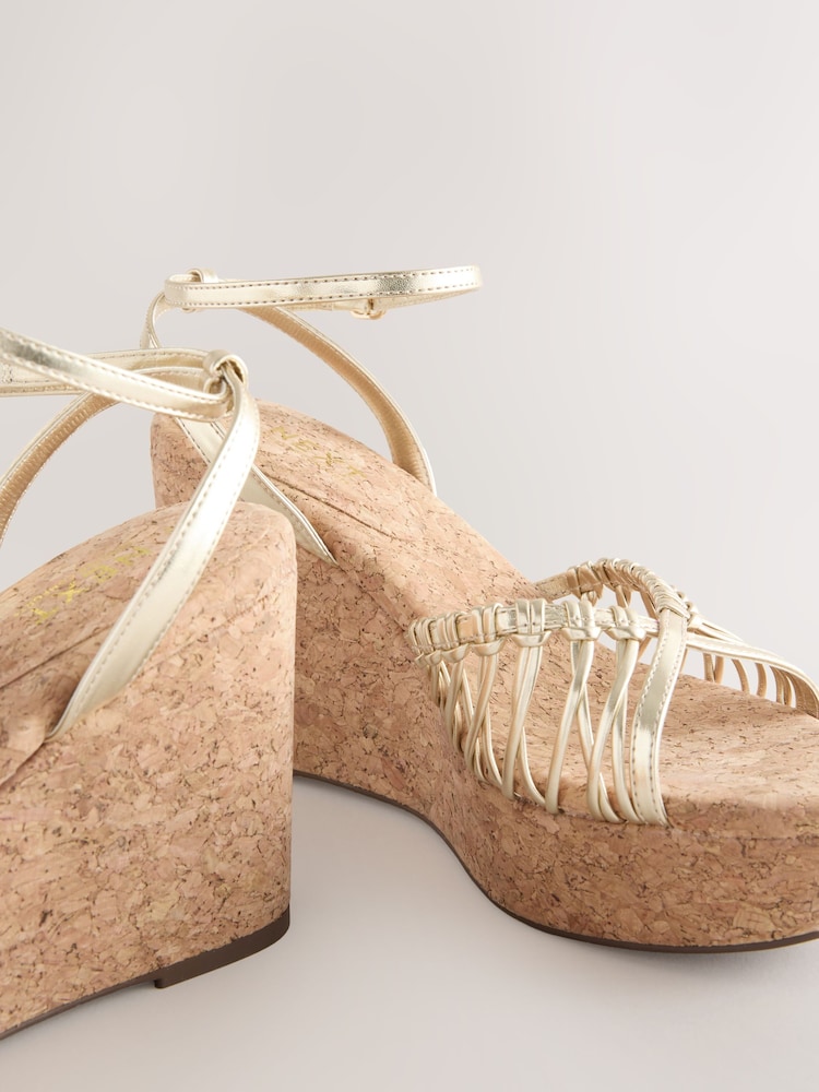 Gold Forever Comfort® Round Toe Weave Detail High Cork Wedges - Image 10 of 10 Gold Forever Comfort® Round Toe Weave Detail High Cork Wedges - Image 10 of 10