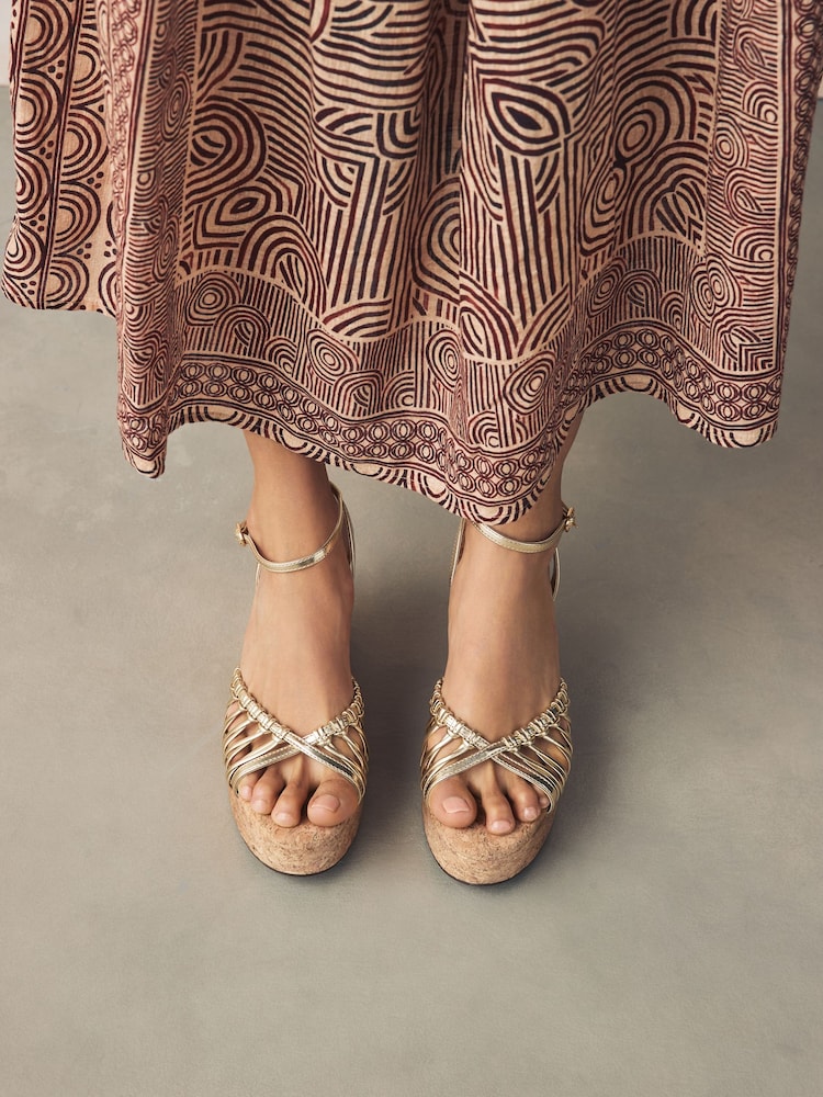 Gold Forever Comfort® Round Toe Weave Detail High Cork Wedges - Image 2 of 10 Gold Forever Comfort® Round Toe Weave Detail High Cork Wedges - Image 2 of 10
