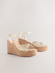 Gold Forever Comfort® Round Toe Weave Detail High Cork Wedges - Image 7 of 10