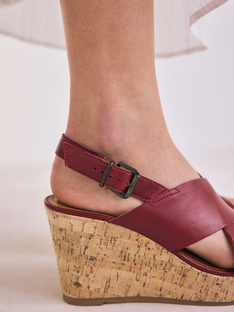 Red Standard/Wide Fit Forever Comfort® Leather Round Toe Cross-Over Slingback Platform Wedges - Image 4 of 9