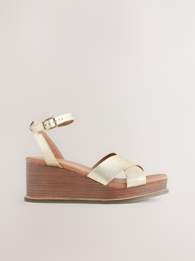 Metallic Forever Comfort® Leather Square Toe Cross-Over Detail Wedges - Image 1 of 5
