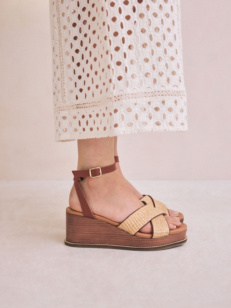 Neutral Raffia Forever Comfort® Leather Square Toe Cross-Over Detail Wedges - Image 1 of 10