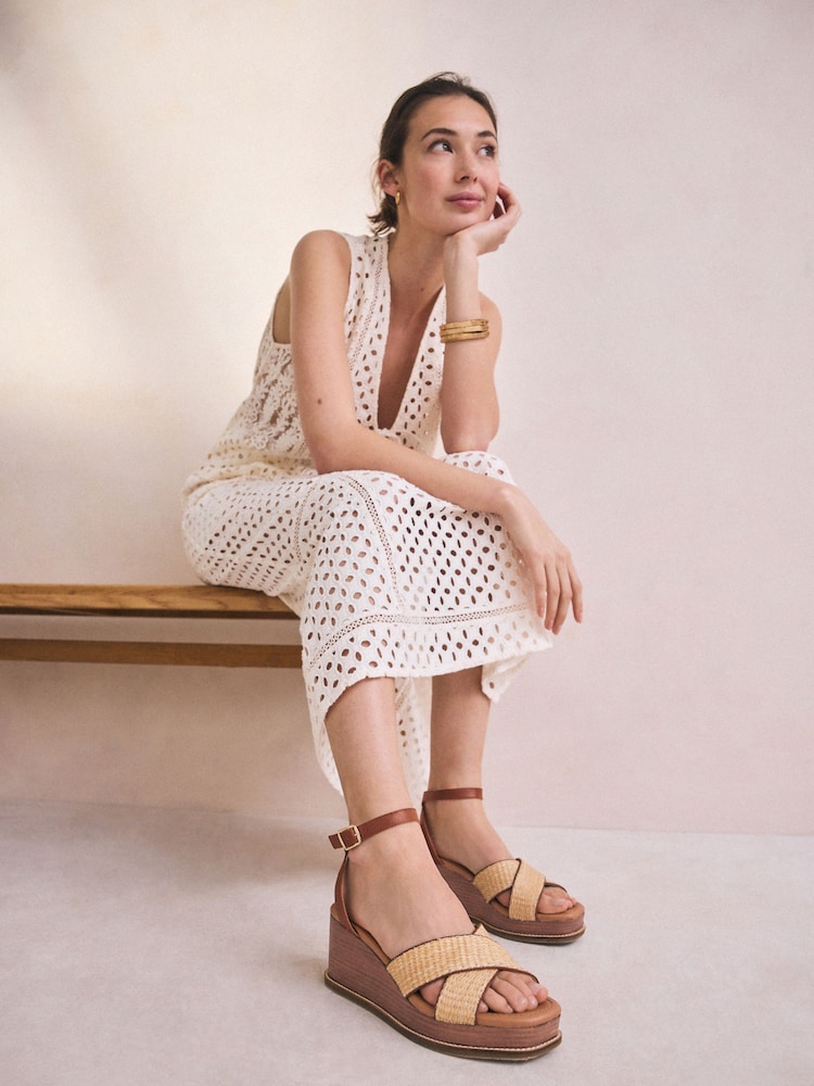Neutral Raffia Forever Comfort® Leather Square Toe Cross-Over Detail Wedges - Image 2 of 10