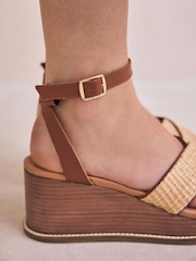 Neutral Raffia Forever Comfort® Leather Square Toe Cross-Over Detail Wedges - Image 4 of 10