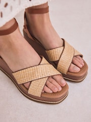 Neutral Raffia Forever Comfort® Leather Square Toe Cross-Over Detail Wedges - Image 5 of 10