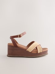 Neutral Raffia Forever Comfort® Leather Square Toe Cross-Over Detail Wedges - Image 8 of 10