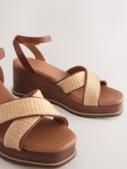 Neutral Raffia Forever Comfort® Leather Square Toe Cross-Over Detail Wedges - Image 9 of 10