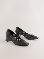 Negro - Forever Comfort® Leather Round Toe Weave Bajo Block Courts Heels - Imagen 1 de 5