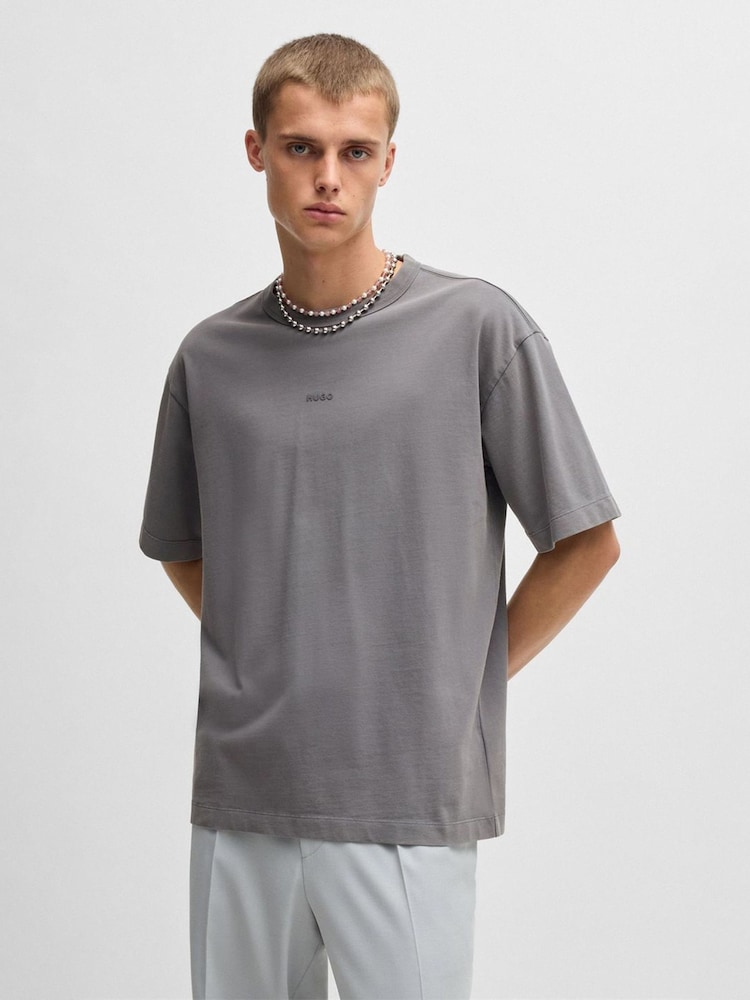 HUGO Grey Hugo Logo Print 100% Cotton Jersey Relaxed-Fit T-Shirt - Image 1 of 5