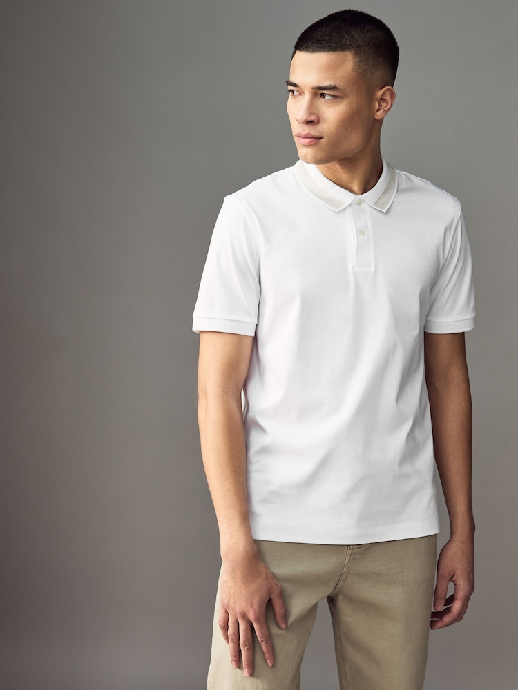 BOSS Off White Slim Fit Collar Stripe Polo Shirt - Image 1 of 4 BOSS Off White Slim Fit Collar Stripe Polo Shirt - Image 1 of 4