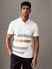 BOSS White Golf Paddy Stretch Jersey Stripe Polo Shirt - Image 1 of 4