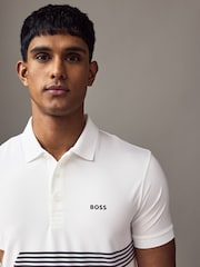 BOSS White Golf Paddy Stretch Jersey Stripe Polo Shirt - Image 3 of 4