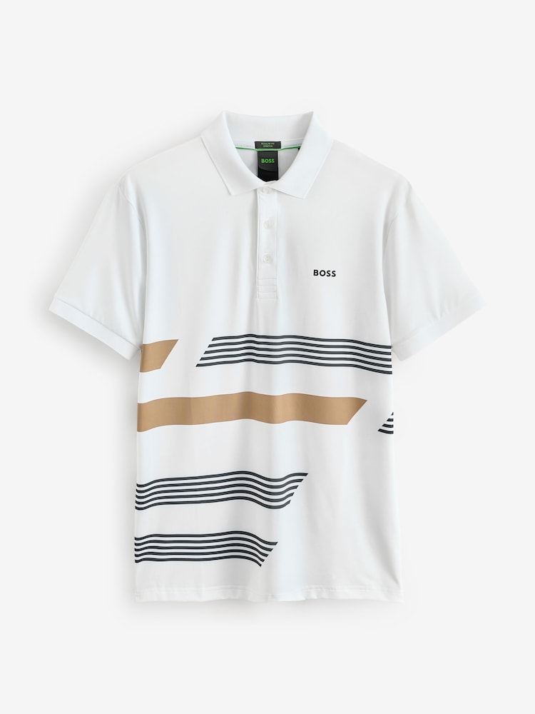 BOSS White Golf Paddy Stretch Jersey Stripe Polo Shirt - Image 4 of 4