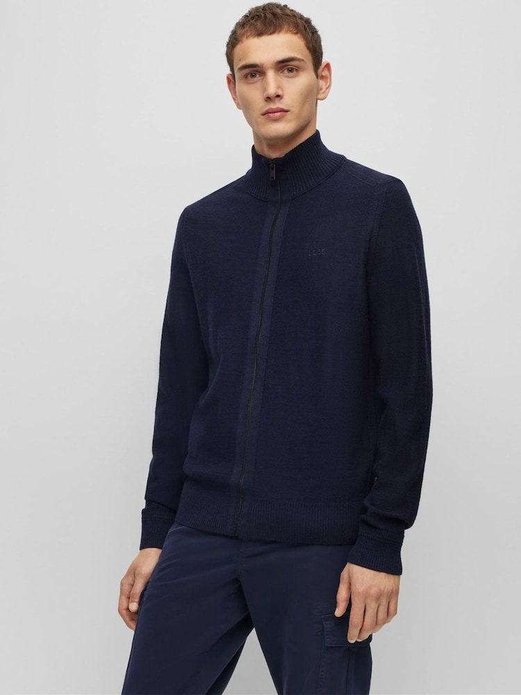 BOSS Blue Embroidered Logo Wool Blend Knitted 100% Cotton Jacket - Image 1 of 1