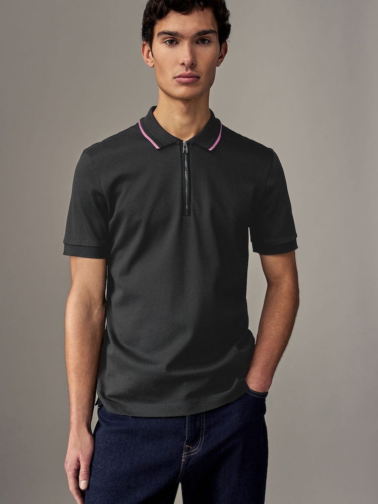 BOSS Black Regular Fit Zip Placket Structured Polo Shirt - Image 1 of 5