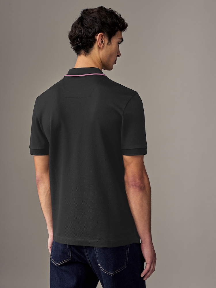 BOSS Black Regular Fit Zip Placket Structured Polo Shirt - Image 2 of 5