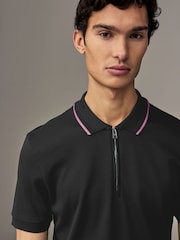 BOSS Black Regular Fit Zip Placket Structured Polo Shirt - Image 3 of 5