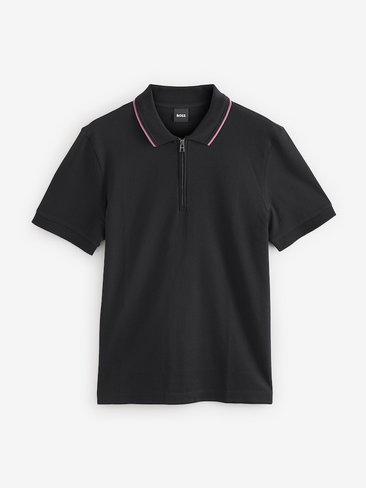 BOSS Black Regular Fit Zip Placket Structured Polo Shirt - Image 5 of 5