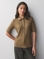 BOSS Brown Ribbed Collar 100% Cotton Polo Shirt - Image 1 of 5