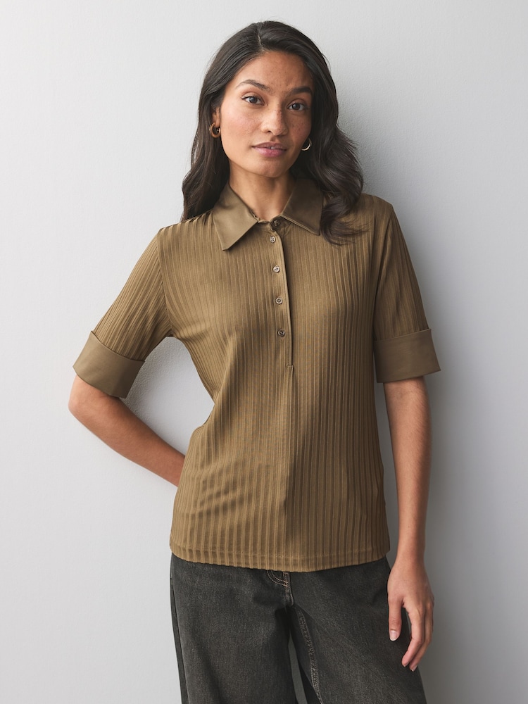 BOSS Brown Ribbed Collar 100% Cotton Polo Shirt - Image 1 of 5