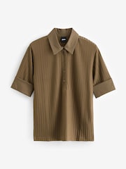 BOSS Brown Ribbed Collar 100% Cotton Polo Shirt - Image 5 of 5