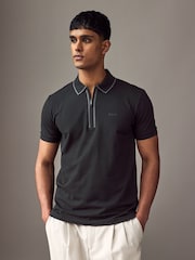 BOSS Black Philix Tape Zip Neck Contrast Detail Knit Polo Shirt - Image 1 of 4