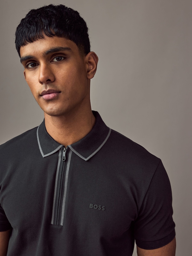 BOSS Black Philix Tape Zip Neck Contrast Detail Knit Polo Shirt - Image 3 of 4