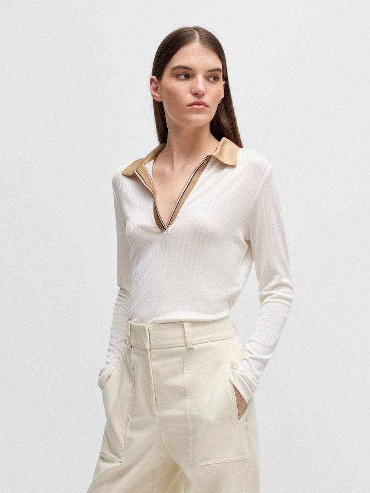 BOSS White Signature Stripe V-Neck Collared Blouse - Image 1 of 5