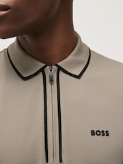 BOSS Beige Philix Tape Zip Neck Contrast Detail Knit Polo Shirt - Image 4 of 5