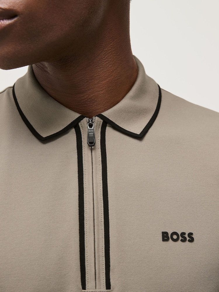 BOSS Beige Philix Tape Zip Neck Contrast Detail Knit Polo Shirt - Image 4 of 5